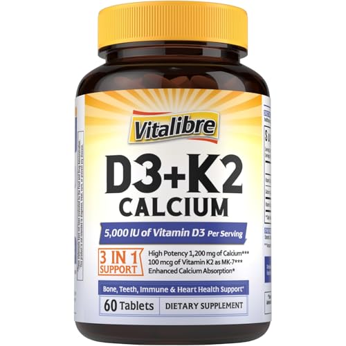 Vitalibre D3 K2 Calcium Supplement for Women & Men, Vitamin D3 5000 IU, Calcium 1200 mg, MK-7, High Absorption, for Strong Bones, Teeth, Heart, Immune Health, 60 Tablets