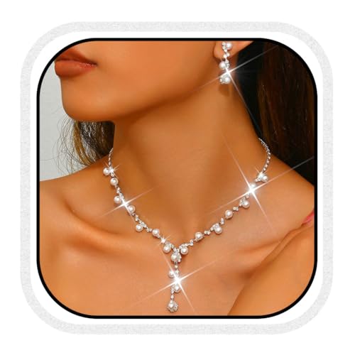 Unicra Pearl Brautschmuck Set Silber Strass Hochzeit Halsketten und Ohrringe Armband Set Formal Kostüm Prom Kristall Schmuck Sets für Frauen