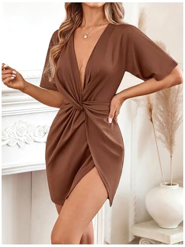 Image of Floerns Women's Deep V Neck Twisted Plunging High Slit Mini Party Dress
