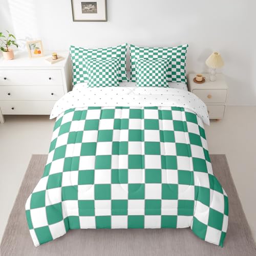 Image of Erosebridal Green Checkered Queen Bed in A Bag 7 Piece White Emerald Green Checkerboard Bedding Set,Buffalo Plaid Grid Comforter Set with Sheets for Kids Adults Aesthetic Geometric Gingham Bed Set