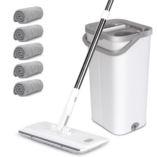 MASTERTOP Balai Microfibre et Seau Essoreur, Serpillière Rotative 360° et Seau à 2 Compartiments, Vadrouille de Mains Libre pour Nettoyage de Sol avec 10...