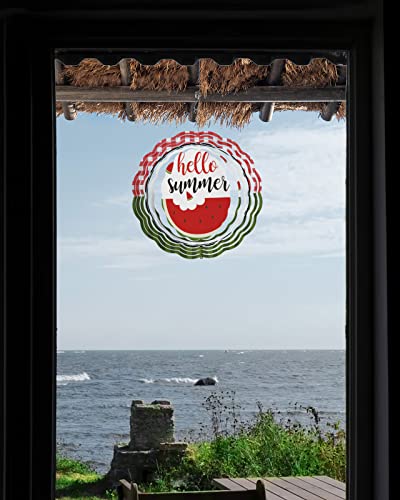 Wind Spinners For Yard And Garden, Hello Summer Stainless Steel Wind Sculptures Spinners, Red Plaid Teal Striped Tropical Watermelon Wind Spinner Crafts Ornaments 3D Indoor Outdoor Decorations 8" #TOP3