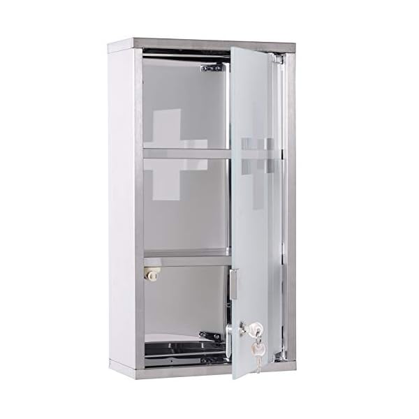HOMCOM Stainless Steel wall mounted Medicine Cabinet with 2 Shelves + Security Glass Door Lockable 48 cm(H)