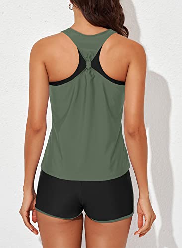 Aleumdr Womens Tankini Swimsuits Athletic 3 Piece Tummy Control Bathing Suits with Shorts Modest Tank Tops Green X-Large - Image 2