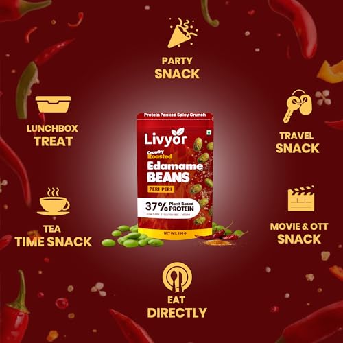 Image of Livyor Crunch Roasted Edamame Beans - 150g | Peri Peri Flavour | Roasted not fried | Plant based healthy snack | High Protein Snack | Gluten Free | Vegan | High In fibre