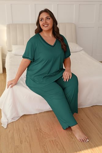 Image of Vozanet Women's Plus Size Pajama Sets Short Sleeve Long Pants Solid Color with Piping Trim Elegant Loungewear Cozy Sleepwear