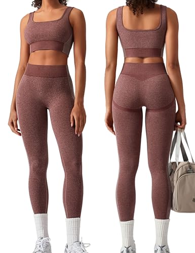 Image of OLCHEE Womens Workout Sets 2 Piece Seamless Square Neck Sports Bra Padded Butt Lifting Leggings High Waist Yoga Gym Outfits