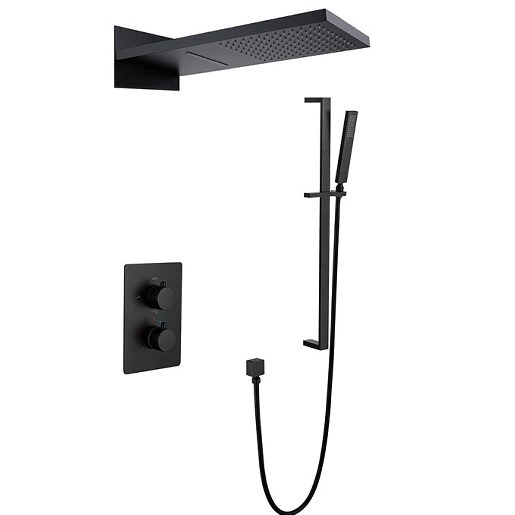 OZBMA Black Wall-Mounted Shower System, Concealed Thermostatic Rainfall Set with Handheld, 2 Functions Luxury Pressurized Waterfall Style, Modern Bathroom Fixture (A B)