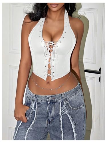 Image of WDIRARA Women's Punk PU Leather Halter Top Grommet Eyelet Tie Front Corset Crop Top