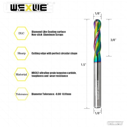 Image of Tools Ball Nose Carbide End Mill, DLC Coating, CNC Cutting Tools for Aluminum and Wood Cutting, 3D Carving & Engraving. 2 Flute Router Bits,1 /8 Shank (1 /8-1. inch 5pcs