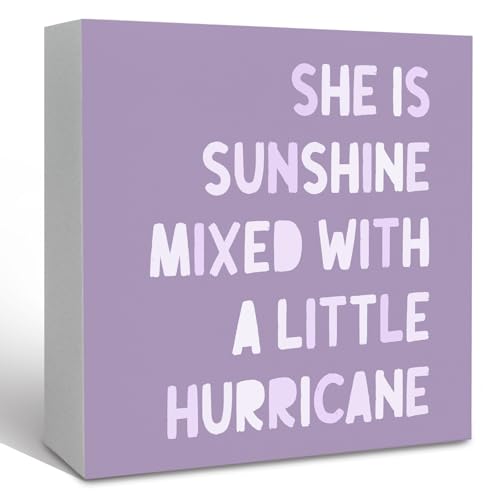 KFXHANGD Purple Inspirational Wooden Box Sign Desk Decor, Purple Room She Is Sunshine Mixed with a Little Hurricane Signfor Nursery Girls Bedroom, Purple Positive Shelf Desk Decor 5x5In