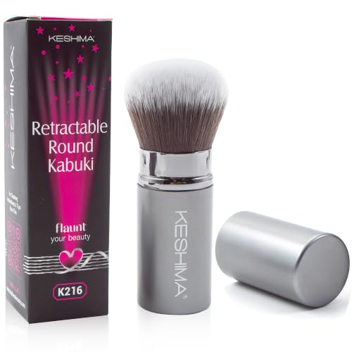 Image of Round Top Retractable Kabuki Brush by Keshima, Face Travel Makeup Brush | For Liquid Foundation, Powder, Cream, Blush, Bronzer, Blending and Buffing, Soft Synthetic Bristles, Cruelty-Free, with Cover