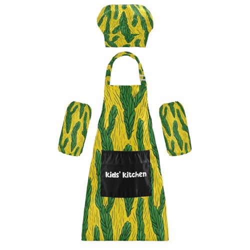 Bulletgxll Cactus with Leaves Kids Apron and Chef Hat Set Adjustable Bib Aprons with Pockets for Cooking Baking Painting