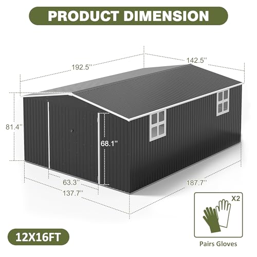 Image of AirWire 12x16 FT Outdoor Storage Shed, Garden Shed with Updated Frame Structure and Lockable Doors, Metal Tool Sheds for Backyard Garden Patio Lawn, Black