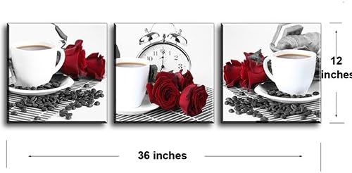 Miniatura 2 de SZ - Arte de pared de rosas para cocinacomedor, 3 piezas de impresiones románticas en lienzo de rosas rojas y granos de café, cuadro de pintura de