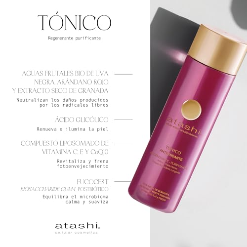Atashi Antioxidante | Tónico Regenerante Purificante | Tonifica, Equilibra el PH, Energiza y Afina la Piel | Con Ácido Glicólico, Aguas frutales, Vitamina C, E y Coq10 | Apto Piel Sensible | 250ml - imagen 3
