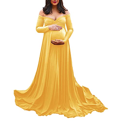 Vestido de maternidad para sesión de fotos, hombros descubiertos, manga larga, ideal para los golpes, largo hasta el suelo, vestido largo para fotografía, elegante traje de embarazo para sesión de