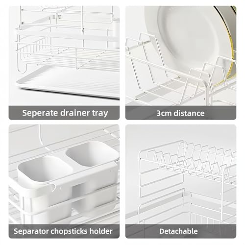 Image of ZROY 2-Tier Large Capacity Dish Drying Rack with Drain Tray - Rust-Resistant Steel Kitchen Organizer with Utensil Holder, Plate Stand & Cup Storage for Countertop (White Rack 2-Tier)