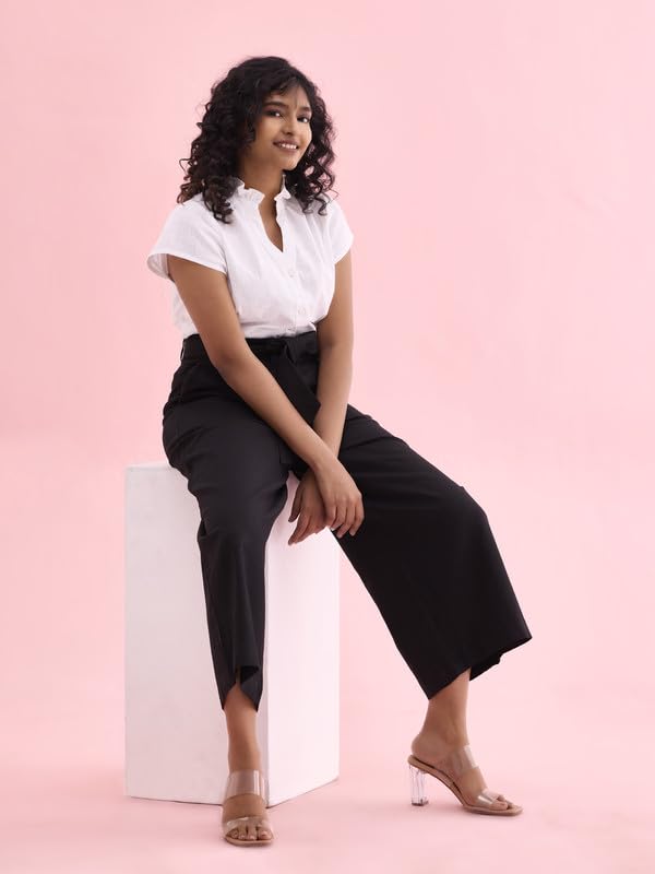 Image of GO COLORS Solid Linen Culottes for Women | High Rise, Side Pockets, Front tie-up