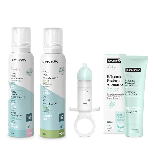 Suavinex, Pack de Limpieza y Cuidado Nasal con 2 Spray Nasales con Agua de Mar (Hipertónico Descongestionante e Isotónico Higiene Diaria) + Bálsamo Pectoral + Limpiador, Apto para Bebés y Niños