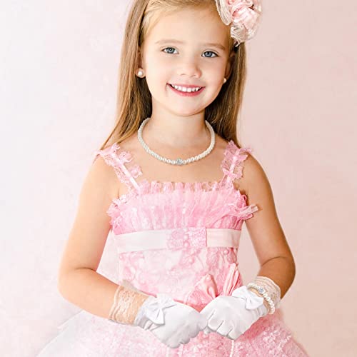 Geyoga 4 Pcs Pearl Necklace Set for Little Girls Toddler Girls Tea Party Jewelry White Pearl Earrings Bracelet Sets First Communion Gloves Kit for Kids Age 4-12 Years2