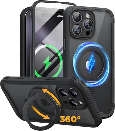 Image of Miracase for iPhone 16 Pro Case with 360 Magnetic Ring Stand [Compatible with Magsafe] Full-Body Drop Proof Bumper Phone Case with Built-in 9H Tempered Glass Screen Protector,Black