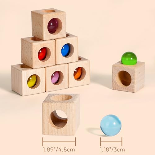 Image of Woodtoe Building Blocks for Kids, Montessori Stacking Toy for 3-6 Year Old | Wooden Blocks with 8 PCS Gem Balls, Educational STEM Creative Sensory Toy, Birthday Gifts for Kids Boys Girls