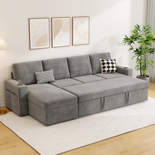 wanan 103' Sleeper Sofa, L-Shaped Sectional Sofa Bed with Storage Chaise, Reversible 2 in 1 Pull Out Couch with Cup Holders for Living Room, 4-Seater,Grey