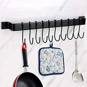 BTSKY Wandmontage Pan Pot Rack met 10-haak – keukengerei kookgerei kookgerei rail hanger Organizer, Heavy Duty keukengerei deksel handdoeken hanger, zwart