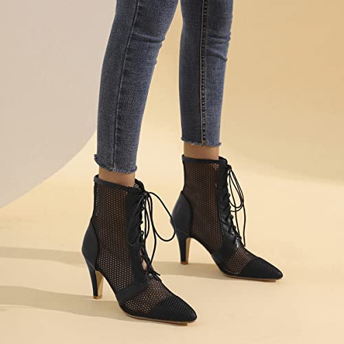 Lehoor Women Black Summer Caged Sandal Booties Cutout Gladiator Summer Booties Sandals Pointed Closed Toe Stiletto Heel Mesh Ankle Boots Lace-Up High Heels Strappy Ladies Fashion Dressy Black 9 M Us #TOP4