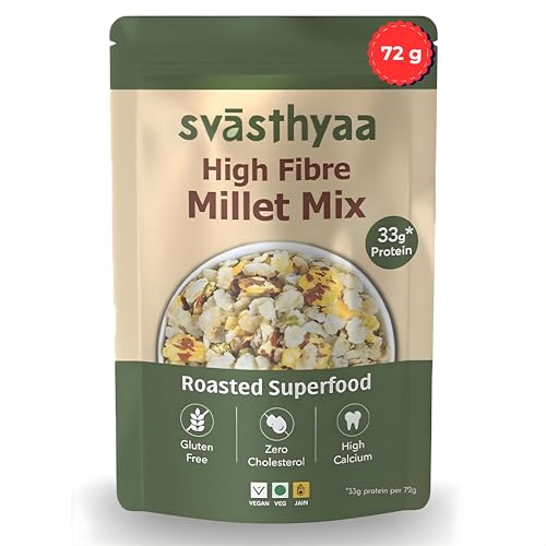 Image of Svasthyaa High Fibre Millet Mix | Roasted Chivda Namkeen with Jowar, Chana Jor, Moong Jor & Corn Flakes | Healthy Indian Snack for Adults | High Protein, Sugar Free, Gluten Free | Diabetic Friendly Jain Roasted Mixture | 72g