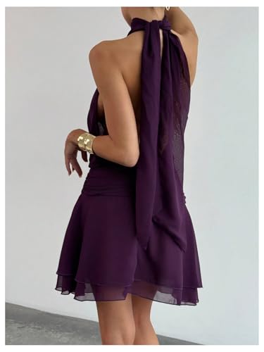 Image of Floerns Women's Summer Mini Dress Sleeveless Halter Backless Ruched Date Night Layered A Line Dresses