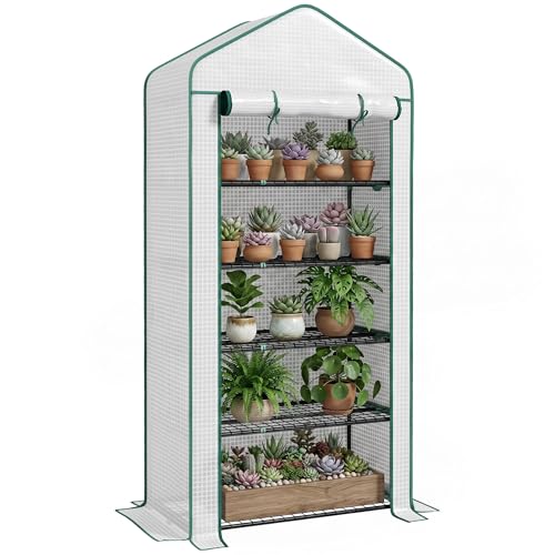 Outsunny Serre de Jardin avec étagères 5 Niveaux, Serre de Balcon, bâche renforcée, châssis en Acier, Porte zippée Enroulable, pour légumes Plantes...