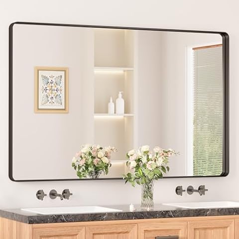 Keonjinn Black Bathroom Mirrors for Over Sink, 48” x 30” Large Rounded Rectangle Bathroom Vanity Mirror, Matte Black Modern Decorative Wall Mirror, Anti-Rust, HD Tempered Glass(Horizontal/Vertical) Cover
