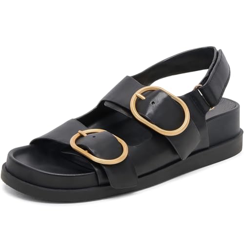 Lovee Cosee Flat Sandals for Women with Cushioned Footbed Open Toe Double Buckle Adjustable Hook-Loop Dress Summer Sandals Casual Beach Pool Party
