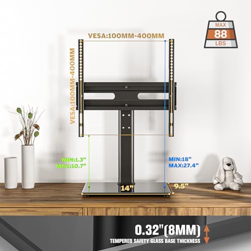 Universal Swivel TV Stand - Table Top TV Stand for 27-60 inch LCD LED TVs - Height Adjustable TV Base Stand with Tempered Glass Base & Wire Management, VESA 400x400mm HT06B-002 - Thumbnail 7