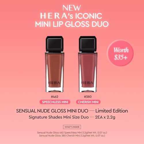 Image of HERA Sensual Nude Lip Gloss Mini Duo #462 SPEECHLESS + #380 CHERISH | Volumizing Sheer & Glossy Finish, Non-sticky, Moisturizing and Hydrating, Signature Shades, Mini Size Duo for Gift, 0.07 oz.x 2EA