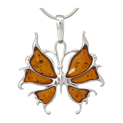 NATURAL BALTIC AMBER STERLING SILVER 925 NECKLACE Cognac Butterfly PENDANT Gemstone For Women & Silver Adjustable CHAIN Snake 45cm - 50 cm, Gift set Cover