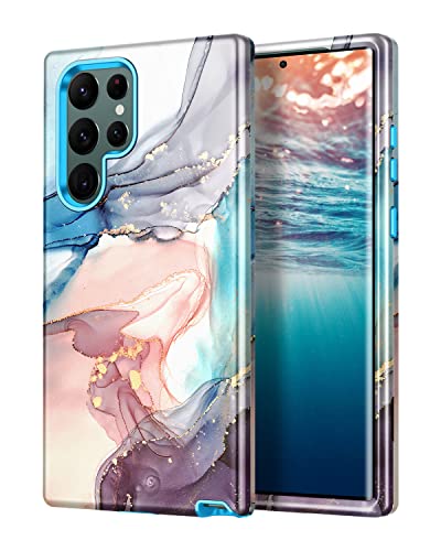 Btscase for Samsung Galaxy S22 Ultra 5G Case, Marble Pattern 3 in 1 Heavy Duty Shockproof Full Body Rugged Hard PC+Soft Silicone Drop Protective Women Girl Covers for Samsung S22 Ultra, Blue Gray