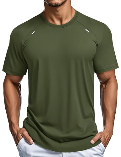 MAGCOMSEN Men's Gym Shirt Dry Fit Short Sleeve Shirts Athletic Running Lightweight Fitted T-Shirt Casual Performance Tee Army Green L