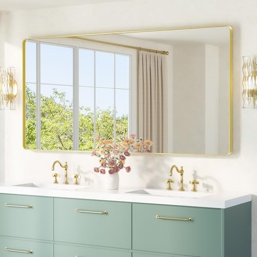 Image of TETOTE 72 x 36 Inch Gold Framed Mirror Vanity Mirrors for Wall Decor Brushed Gold Bathroom Mirrors, Tempered Glass, Modern Farmhouse Wall Mounted Mirror for Decorative(Horizontal /Vertical)