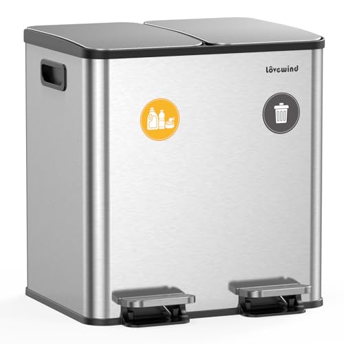 (-54%) lovewind Mülleimer, 2 x 15L Mülleimer Küche, Doppeleimer für Recycling und Abfall, Silber, Mülleimer aus Edelstahl mit Deckel und Inneneimern, Großes Fassungsvermögen, Deckel mit Soft-Close-Funktion