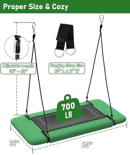 Image of 60 inch Retangular Tree Swing for Kids & Adults, Adjustable Platform Swing with Hanging Straps, 700lbs Capacity, Waterproof Giant Swings for Backyard Outdoor & Indoor Use, Green & Black
