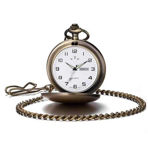 Image of BOSHIYA Smooth Quartz Pocket Watches for Men Classic Arabic Digital Luminous Dial & Day Date Pocket Watch with Chain Christmas Graduation Birthday Gifts