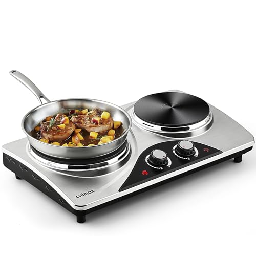 Double Burner, CUSIMAX Electric Hot Plate for Cooking, 1800 Watts Portable Countertop Burner, Cast Iron Hot Plates with Dual Adjustable Temperature, Easy to Clean, Sliver