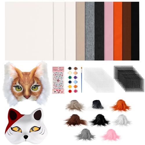 Giftota 45 Pcs DIY Cat Therian Mask Material Kit with Super Soft Felt Fabric Sheet, Plush Faux Fur,...