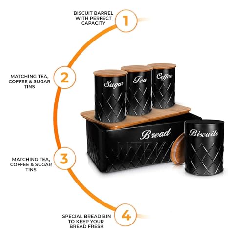 NTEK 5pc Kitchen Storage Bamboo Lid Set Includes Tea, Coffee, Sugar, Bread and Biscuit Barrel Canister Jar & Stylish Bread Bin - Diamond Embossed Design Matt Finish (BLACK) - Image 4