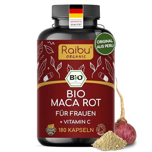 Bio Maca Rot, 180 Kapseln - 3.200 mg je Tagesdosis (entspricht 12.800 mg Maca-Wurzel aus Peru) Für Frauen - Mit natürlichem Vitamin C aus Acerola - Hochdosiert, vegan & laborgeprüft