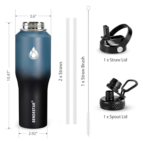 Image of SENDESTAR Water Bottle 32oz,2 Lids(Straw lid),Wide Mouth Stainless Steel Vacuum Insulated Double Wall Keep Liquids Cold or Hot All Day,Sweat Proof Sport Design,Fit Car Cup Holder