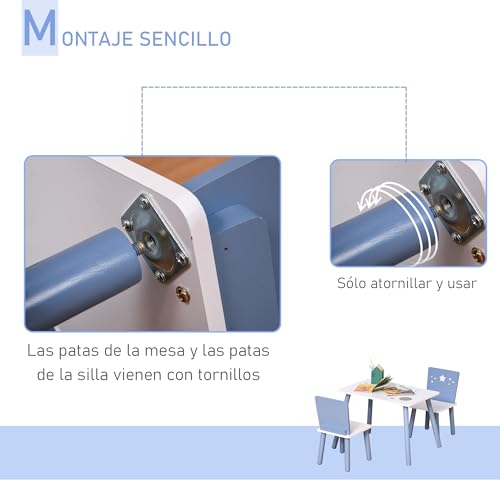 Miniatura 4 de Homcom Juego De Mesa Infantil Y 2 Sillas De Madera Mesa Con Sillas Para Niños De 2-4 Años Mesa 60x40x43 Cm Y Sillas 28x26x48 Cm Para Dormitorio Sala Blanco Y Azul